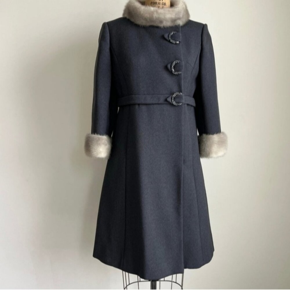 Dark Grey  Wool Dress Coat with Light Gray  Fur Trim.  Rhinestone closures.
